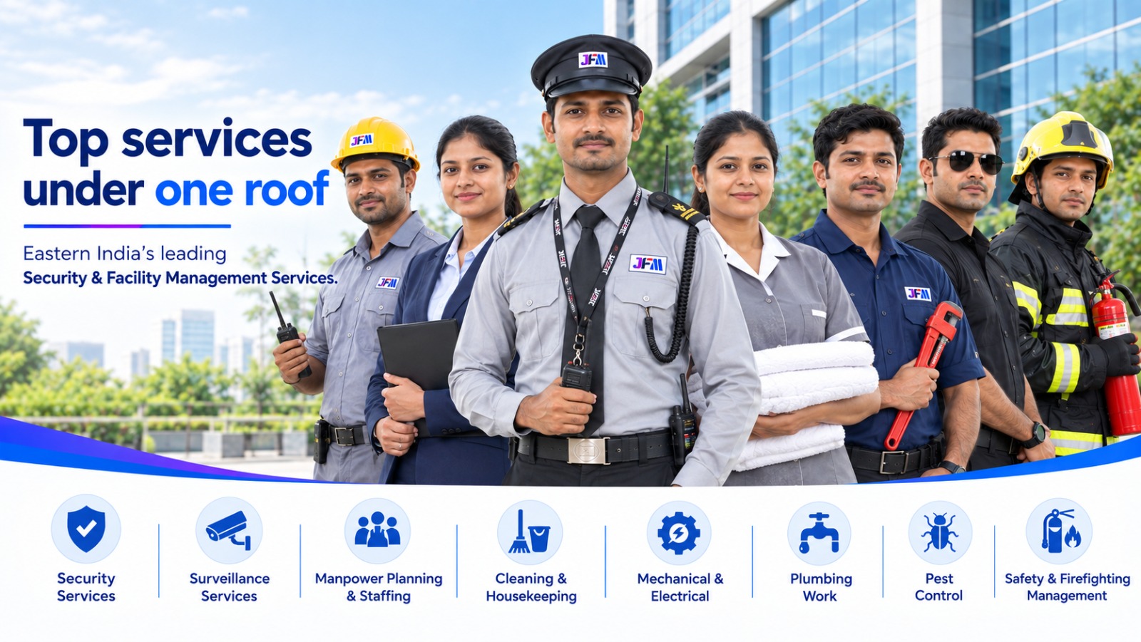 JFM security, housekeeping and technical staff standing together in front of a commercial building